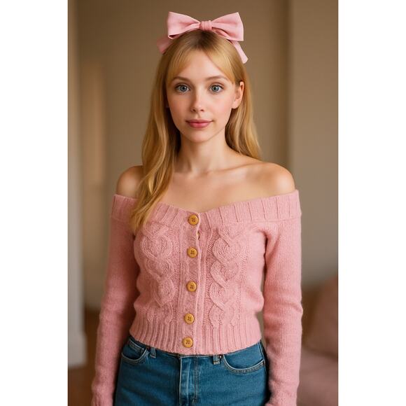 Abercrombie Y2K Wool Pink Off Shoulder Cardigan Soft Girl Coquette Barbiecore XL - Picture 1 of 8